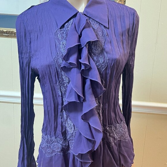 Purple Ruffle Lace Button Down Blouse Sz 4/6 - Picture 2 of 7